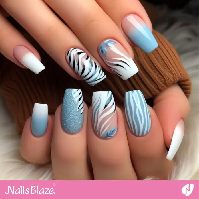 Blue and White Nails with Zebra Stripes | Animal Print Nails - NB2492
